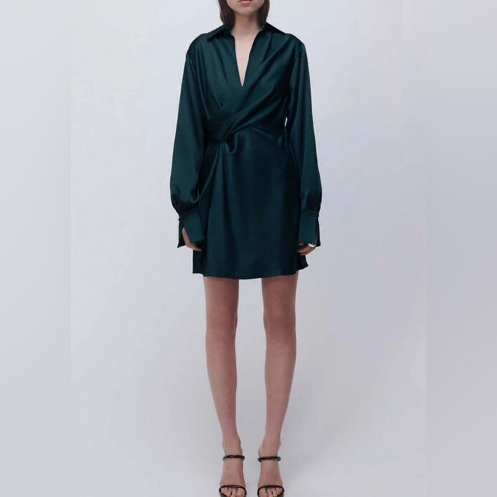 Simkhai TALIT Emerald Green Drape Front Long Sleeve Holiday Mini Dress